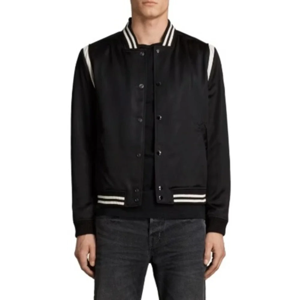 AllSaints Matsu Varsity Bomber Jacket Mens XS Black White Striped Trim Snap